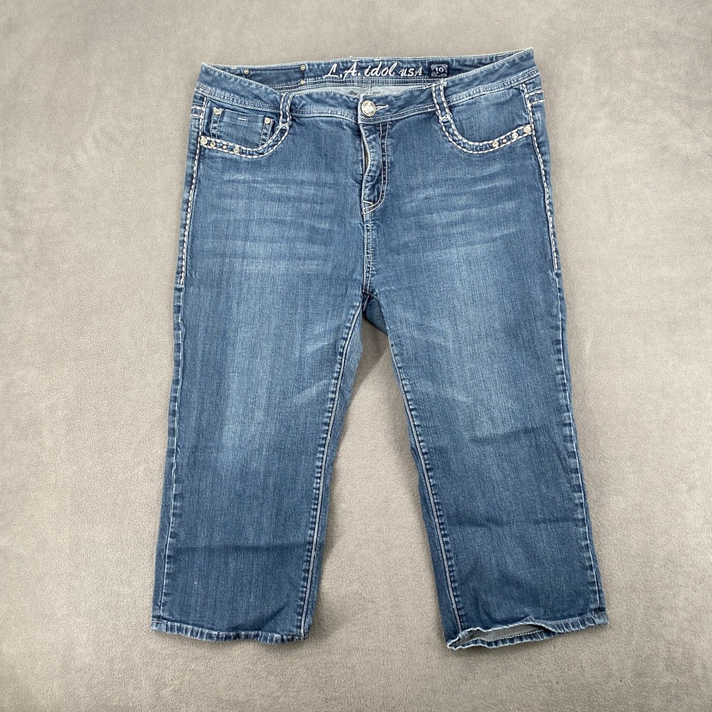 LA Idol USA Y2K Embellished Capri Jeans Medium Wash Embroidered Cross Size 19